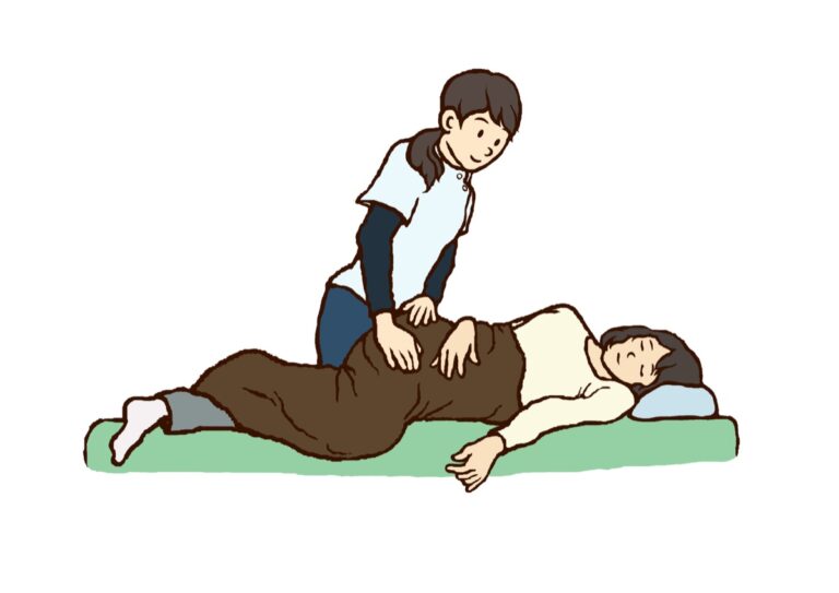 横になった人の腰に施術者が両手を当てるイラスト