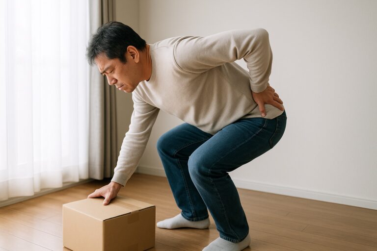 床の荷物を持ち上げようとして腰に手を当て、動きが止まっている男性
