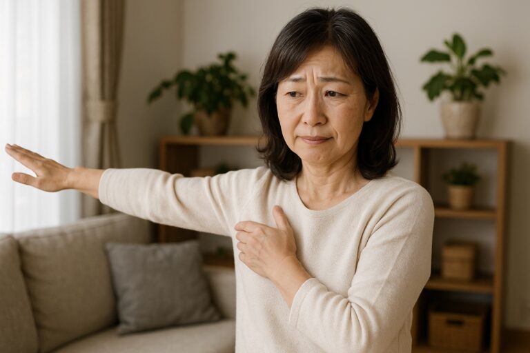 肩を押さえて腕を横に上げ、肩の高さで止まっている女性
