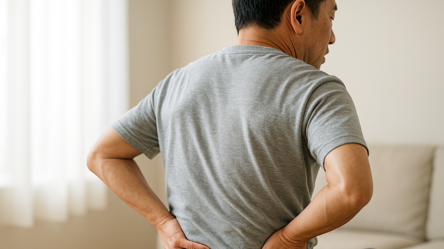 座って腰の下に両手を当てる男性の後ろ姿