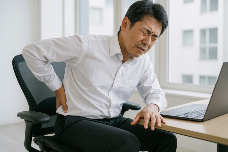 オフィスの椅子に座り、腰に手を当てて顔をしかめる男性