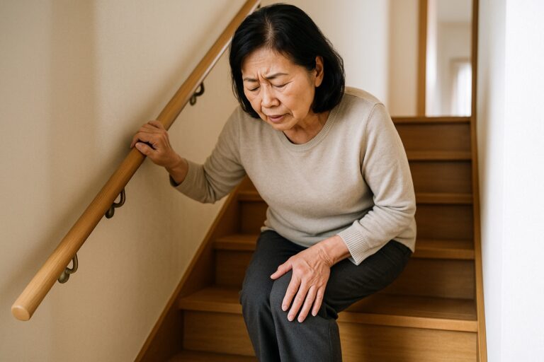 階段を下りる途中で手すりにつかまり、膝に手を当てる女性