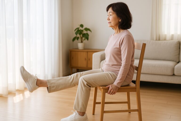 椅子に座り、片脚をまっすぐ前に伸ばして太ももに力を入れる女性