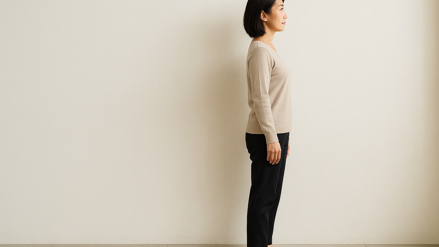 背すじを伸ばして立つ女性
