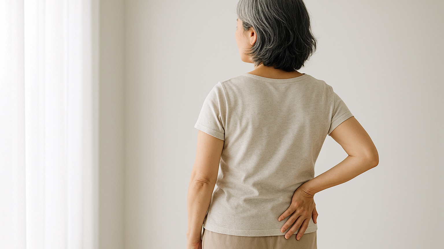 腰からお尻に片手を当てて立つ女性の後ろ姿