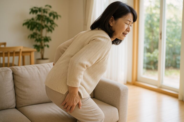 椅子から立ち上がりかけて、お尻から太ももの裏に手を当てる女性