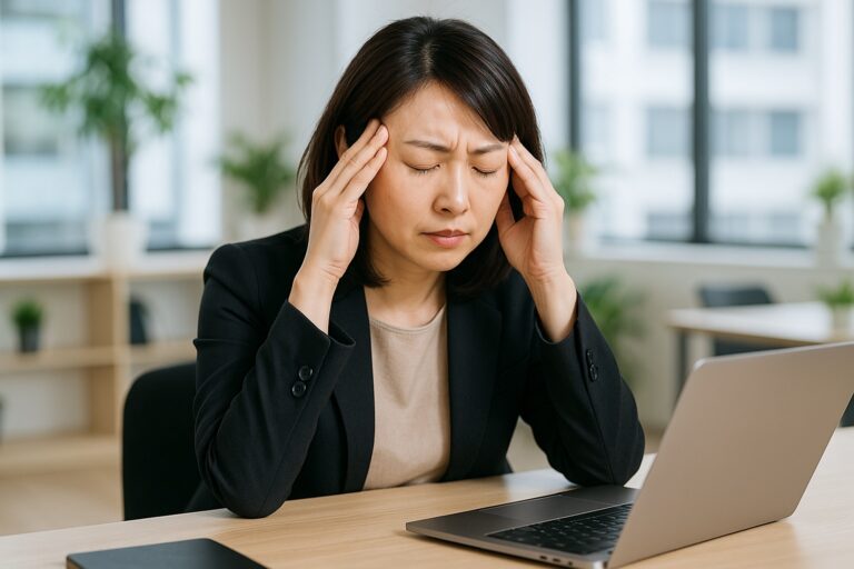 デスクでパソコンの前に座り、両手でこめかみを押さえて目を閉じる女性